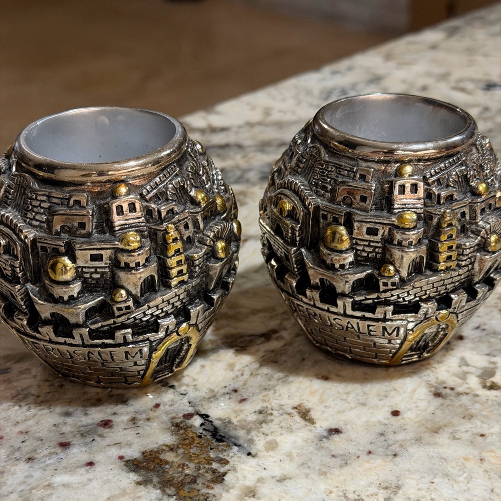 2 Vintage 925 Sterling Silver Jerusalem Cityscape Candlestick Holders Passover